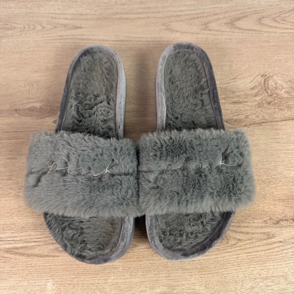 PINK Victoria's Secret Fur Velvet Trim Slides Grey Womens Medium